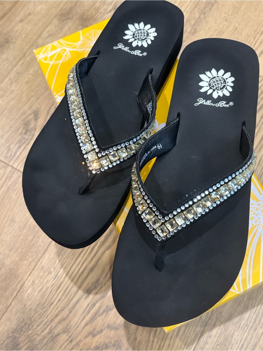 Yellow Box Black Sandal Thong with Silver Crystal Straps